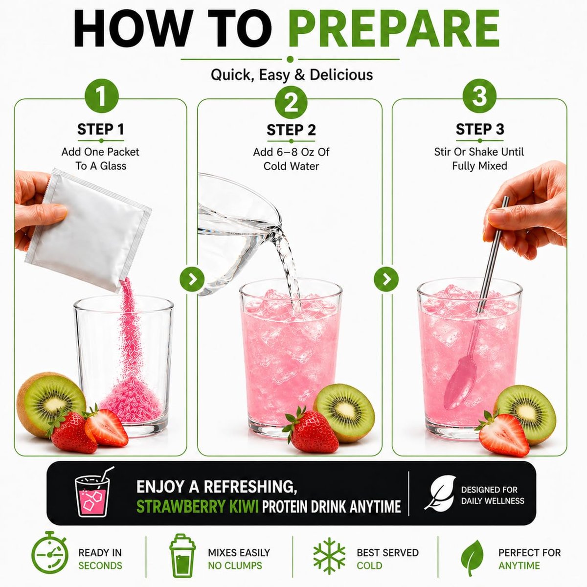 PROTIFIT - High Protein Fruchtgetränkepulver, Erdbeer-Kiwi, 15g Protein, Kalorienarm, Zuckerfrei, 7 Portionen pro Packung
