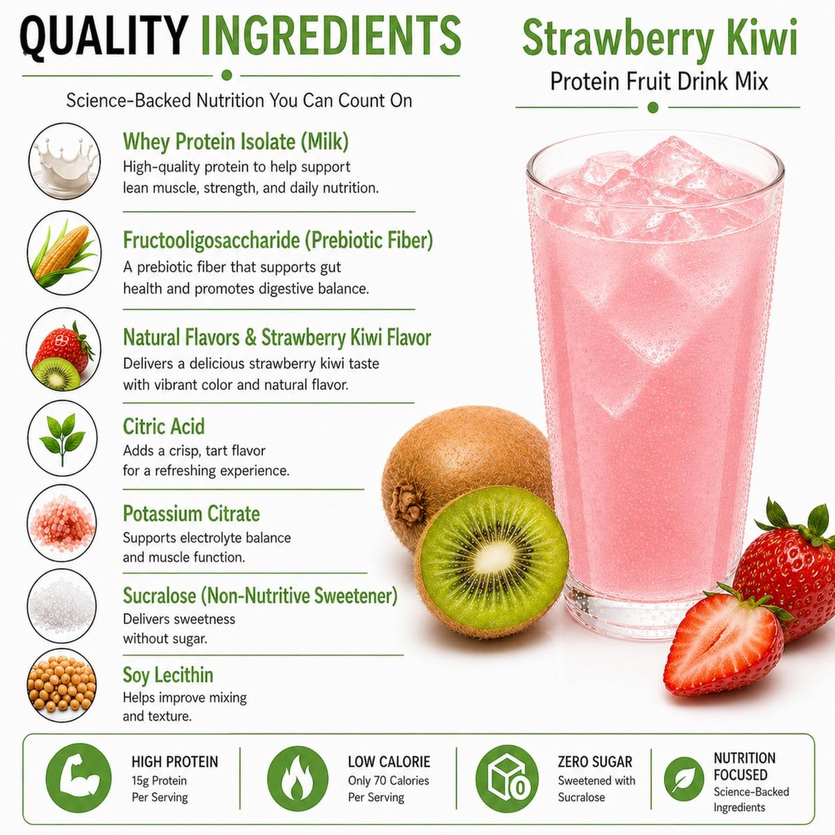 PROTIFIT - High Protein Fruchtgetränkepulver, Erdbeer-Kiwi, 15g Protein, Kalorienarm, Zuckerfrei, 7 Portionen pro Packung
