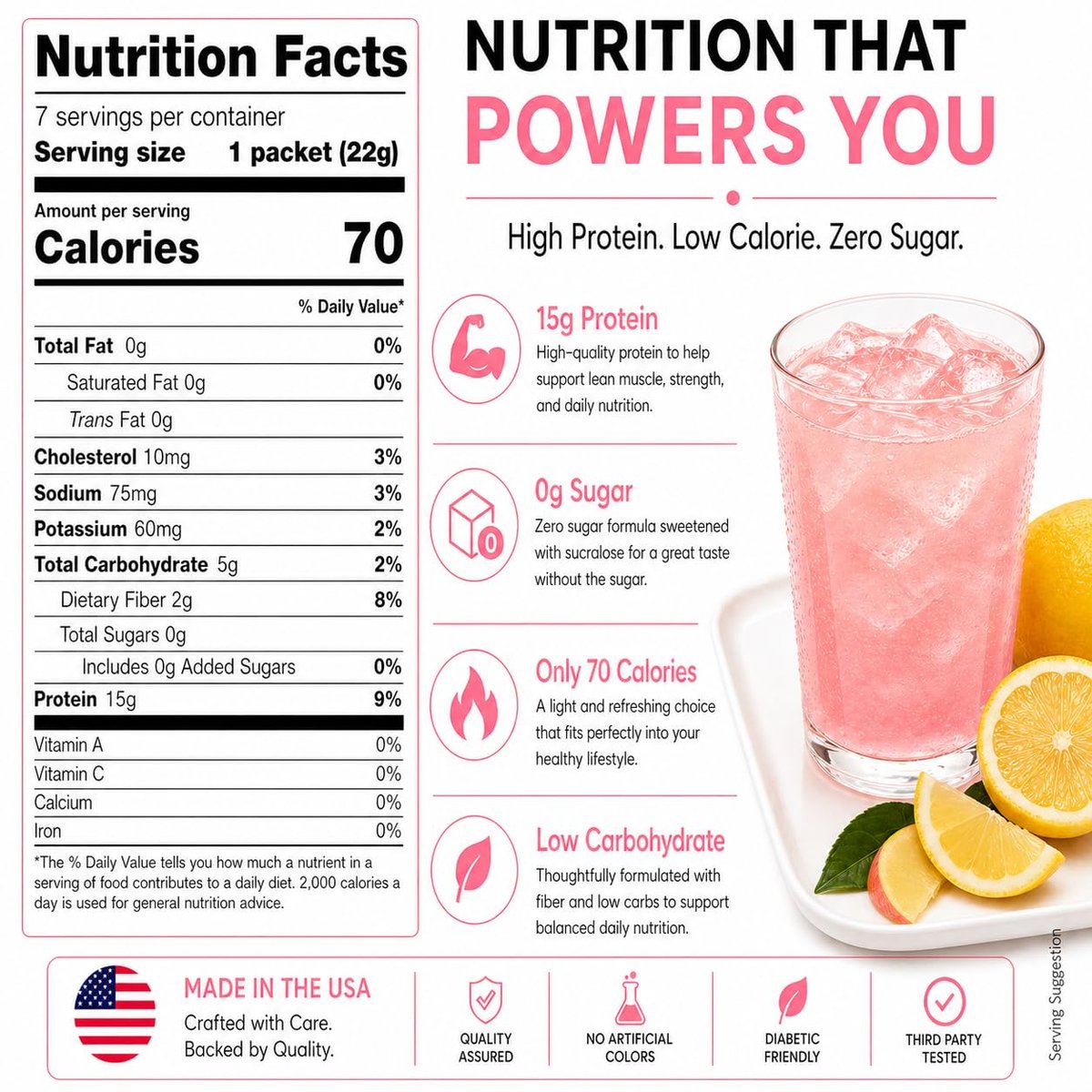 ProtiFit High Protein Fruchtgetränkepulver - Pink Lemonade, 15g Protein, Zuckerfrei, Kalorienarm, 7 Portionen
