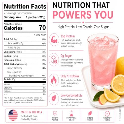 ProtiFit High Protein Fruchtgetränkepulver - Pink Lemonade, 15g Protein, Zuckerfrei, Kalorienarm, 7 Portionen