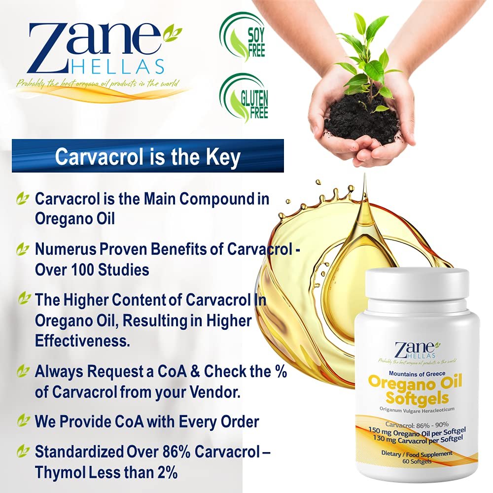 Zane Hellas 130 mg Carvacrol - 150 mg Oreganoöl pro Weichkapsel. Höchste Konzentration weltweit. Weichkapsel enthält 30% griechisches Oreganoöl. 60 Weichkapseln.