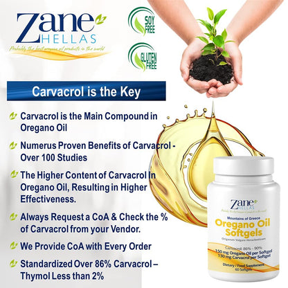 Zane Hellas 130 mg Carvacrol - 150 mg Oreganoöl pro Weichkapsel. Höchste Konzentration weltweit. Weichkapsel enthält 30% griechisches Oreganoöl. 60 Weichkapseln.