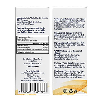 Zane Hellas 130 mg Carvacrol - 150 mg Oreganoöl pro Weichkapsel. Höchste Konzentration weltweit. Weichkapsel enthält 30% griechisches Oreganoöl. 60 Weichkapseln.