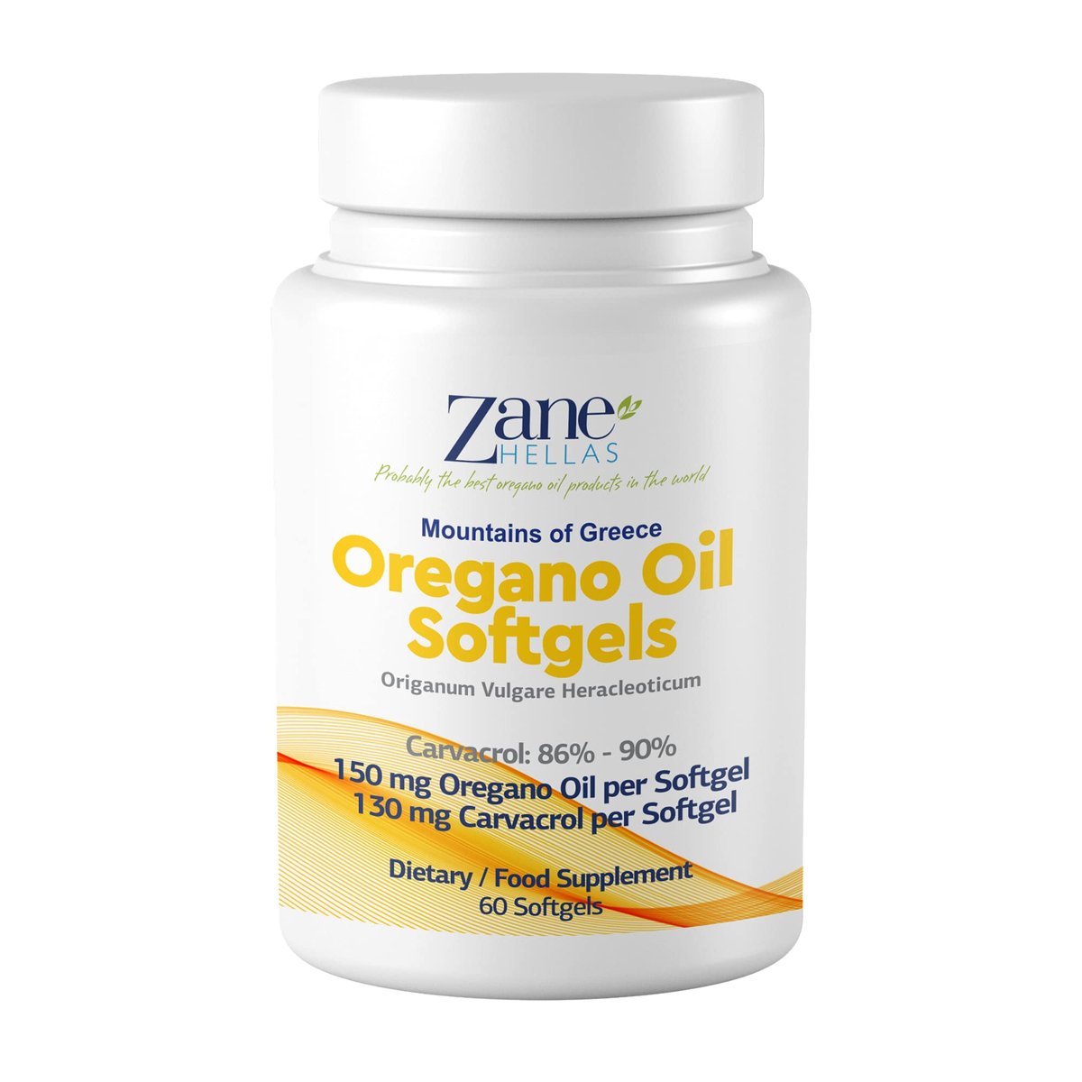 Zane Hellas 130 mg Carvacrol - 150 mg Oreganoöl pro Weichkapsel. Höchste Konzentration weltweit. Weichkapsel enthält 30% griechisches Oreganoöl. 60 Weichkapseln.
