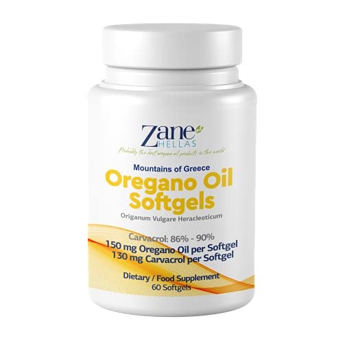Zane Hellas 130 mg Carvacrol - 150 mg Oreganoöl pro Weichkapsel. Höchste Konzentration weltweit. Weichkapsel enthält 30% griechisches Oreganoöl. 60 Weichkapseln.