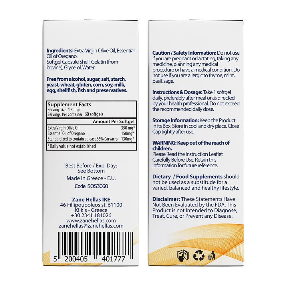 Zane Hellas 130 mg Carvacrol - 150 mg Oreganoöl pro Weichkapsel. Höchste Konzentration weltweit. Weichkapsel enthält 30% griechisches Oreganoöl. 60 Weichkapseln.
