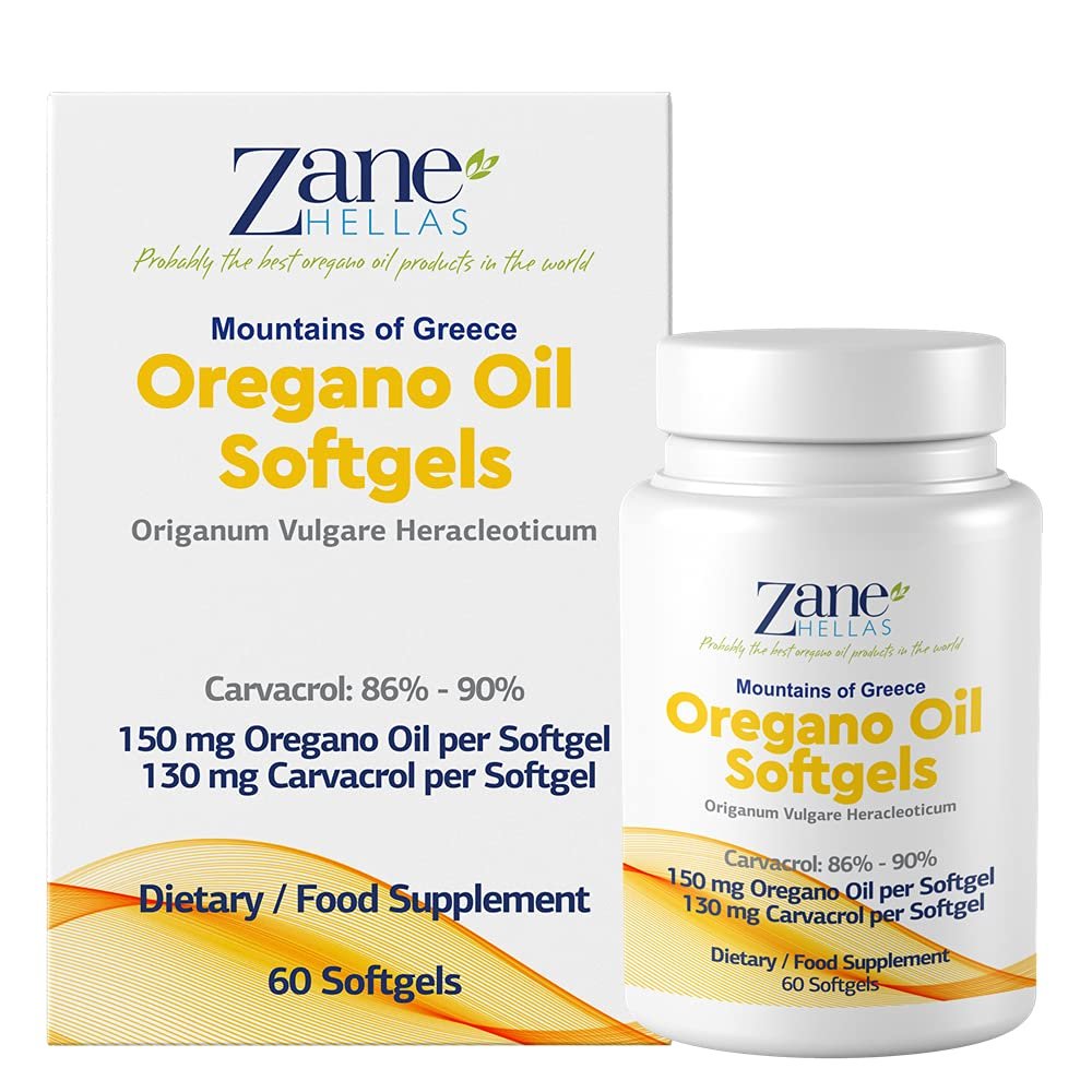 Zane Hellas 130 mg Carvacrol - 150 mg Oreganoöl pro Weichkapsel. Höchste Konzentration weltweit. Weichkapsel enthält 30% griechisches Oreganoöl. 60 Weichkapseln.