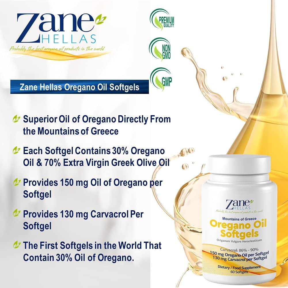 Zane Hellas 130 mg Carvacrol - 150 mg Oreganoöl pro Weichkapsel. Höchste Konzentration weltweit. Weichkapsel enthält 30% griechisches Oreganoöl. 60 Weichkapseln.