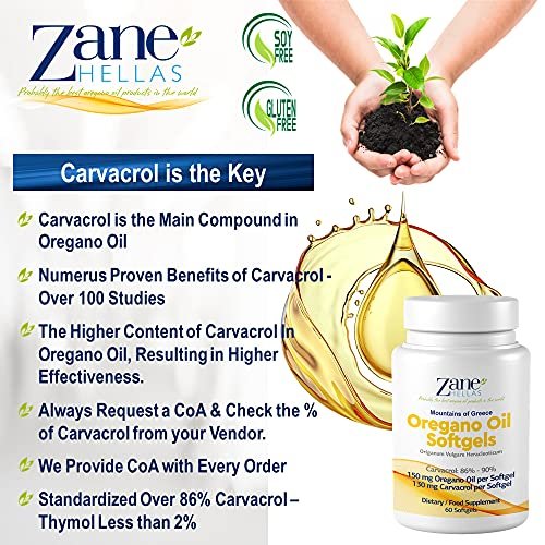 Zane Hellas 130 mg Carvacrol - 150 mg Oreganoöl pro Weichkapsel. Höchste Konzentration weltweit. Weichkapsel enthält 30% griechisches Oreganoöl. 60 Weichkapseln.