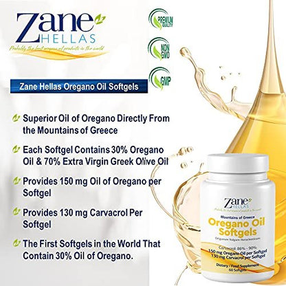 Zane Hellas 130 mg Carvacrol - 150 mg Oreganoöl pro Weichkapsel. Höchste Konzentration weltweit. Weichkapsel enthält 30% griechisches Oreganoöl. 60 Weichkapseln.