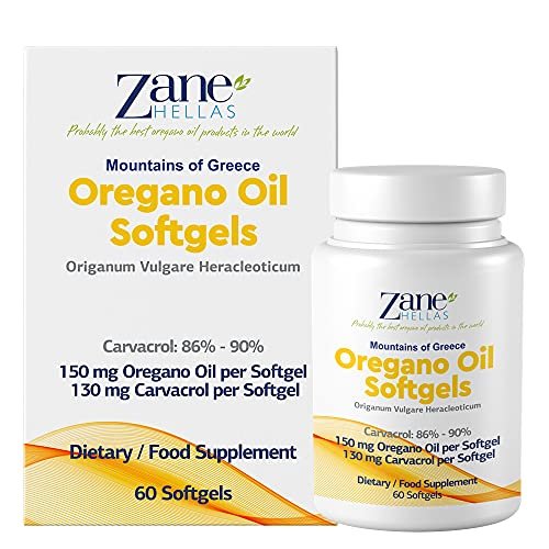 Zane Hellas 130 mg Carvacrol - 150 mg Oreganoöl pro Weichkapsel. Höchste Konzentration weltweit. Weichkapsel enthält 30% griechisches Oreganoöl. 60 Weichkapseln.