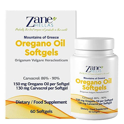 Zane Hellas 130 mg Carvacrol - 150 mg Oreganoöl pro Weichkapsel. Höchste Konzentration weltweit. Weichkapsel enthält 30% griechisches Oreganoöl. 60 Weichkapseln.