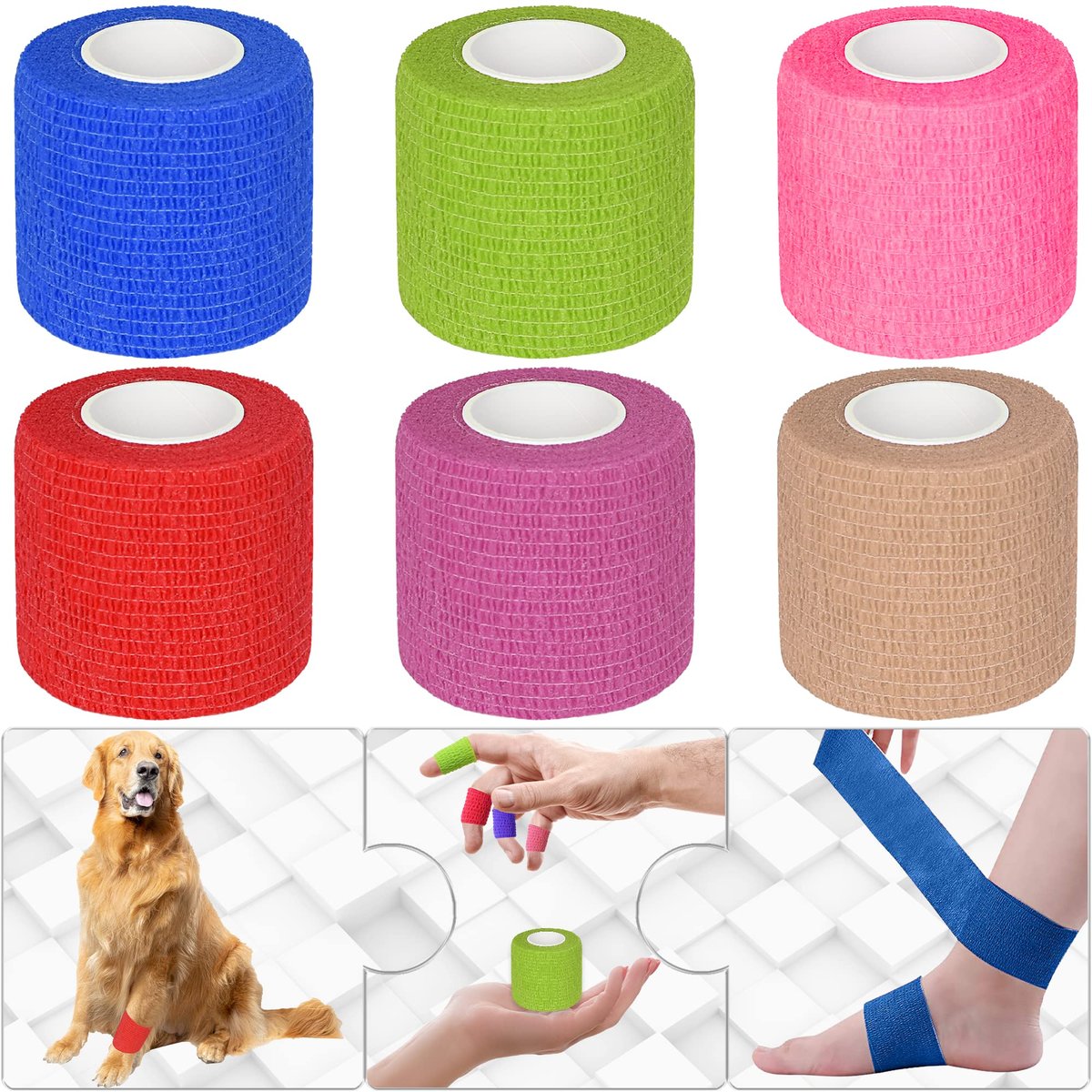 Twavang 6er-Pack 5 cm Selbstklebende Bandage, atmungsaktives Kohäsivband, elastisches Tape für Haustiere, Sport, Handgelenk, Knie, Knöchel (5 Yards pro Rolle, Mischfarben)