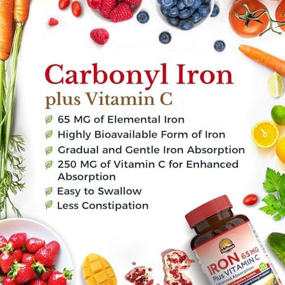 Vitalitown Eisenpräparat für Frauen und Männer – Hochdosiertes 65 mg Eisen mit Vitamin C 250 mg, weniger verstopfend, für Blutbildung & Energieverbesserung, glutenfrei, nicht-GVO, 60 vegane Eisenkapseln