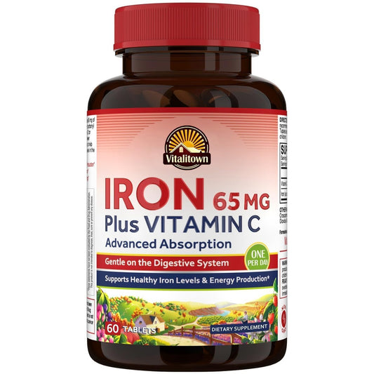Vitalitown Eisenpräparat für Frauen und Männer – Hochdosiertes 65 mg Eisen mit Vitamin C 250 mg, weniger verstopfend, für Blutbildung & Energieverbesserung, glutenfrei, nicht-GVO, 60 vegane Eisenkapseln
