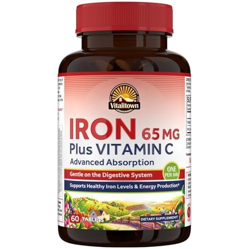 Vitalitown Eisenpräparat für Frauen und Männer – Hochdosiertes 65 mg Eisen mit Vitamin C 250 mg, weniger verstopfend, für Blutbildung & Energieverbesserung, glutenfrei, nicht-GVO, 60 vegane Eisenkapseln