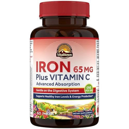 Vitalitown Eisenpräparat für Frauen und Männer – Hochdosiertes 65 mg Eisen mit Vitamin C 250 mg, weniger verstopfend, für Blutbildung & Energieverbesserung, glutenfrei, nicht-GVO, 60 vegane Eisenkapseln