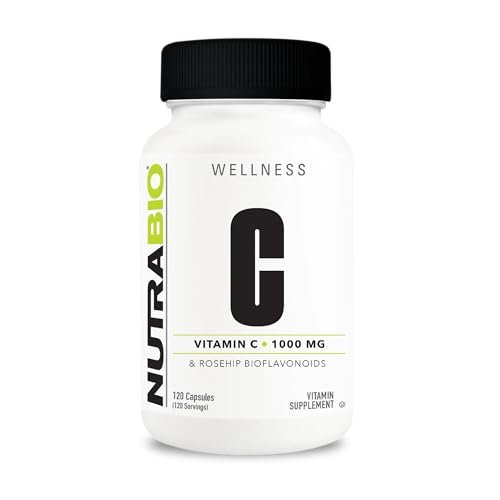NutraBio Vitamin C mit Hagebutte – Unterstützt gesunde Knochen, Zähne und Zahnfleisch, Immunfunktion – Ohne Füllstoffe oder Hilfsstoffe – (120 Kapseln, 1000 mg Vitamin C pro Kapsel)
