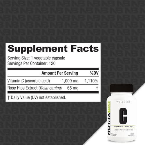 NutraBio Vitamin C mit Hagebutte – Unterstützt gesunde Knochen, Zähne und Zahnfleisch, Immunfunktion – Ohne Füllstoffe oder Hilfsstoffe – (120 Kapseln, 1000 mg Vitamin C pro Kapsel)