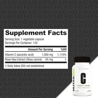 NutraBio Vitamin C mit Hagebutte – Unterstützt gesunde Knochen, Zähne und Zahnfleisch, Immunfunktion – Ohne Füllstoffe oder Hilfsstoffe – (120 Kapseln, 1000 mg Vitamin C pro Kapsel)