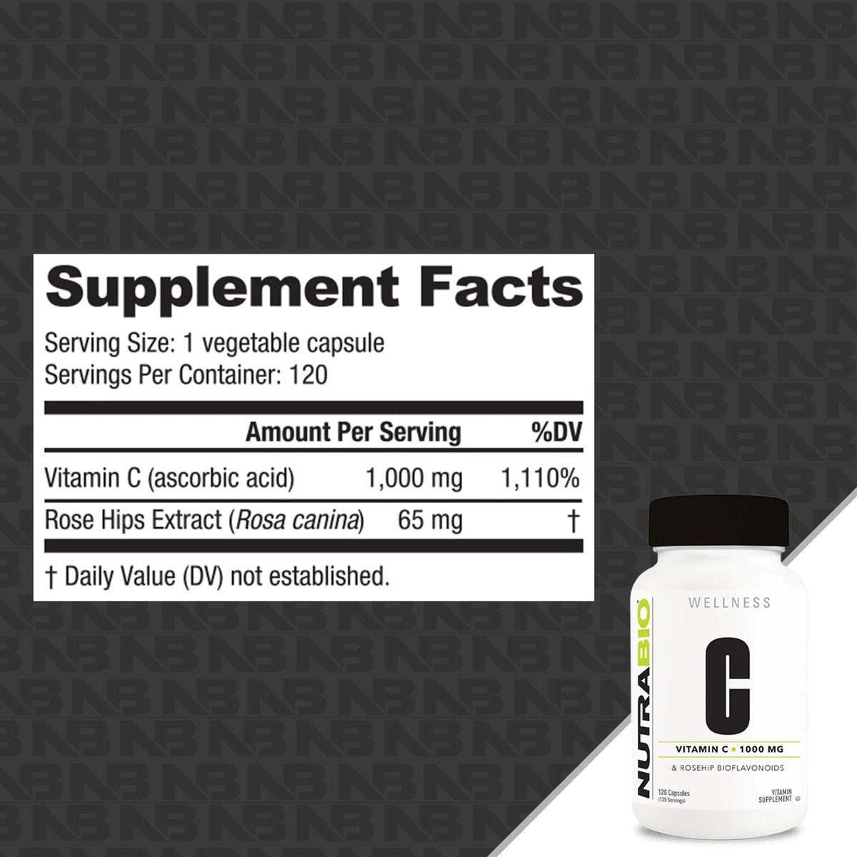 NutraBio Vitamin C mit Hagebutte – Unterstützt gesunde Knochen, Zähne und Zahnfleisch, Immunfunktion – Ohne Füllstoffe oder Hilfsstoffe – (120 Kapseln, 1000 mg Vitamin C pro Kapsel)