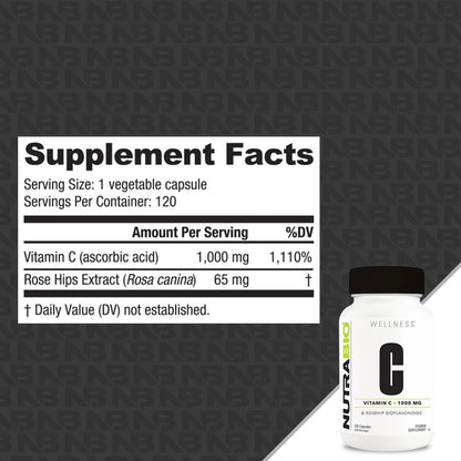 NutraBio Vitamin C mit Hagebutte – Unterstützt gesunde Knochen, Zähne und Zahnfleisch, Immunfunktion – Ohne Füllstoffe oder Hilfsstoffe – (120 Kapseln, 1000 mg Vitamin C pro Kapsel)