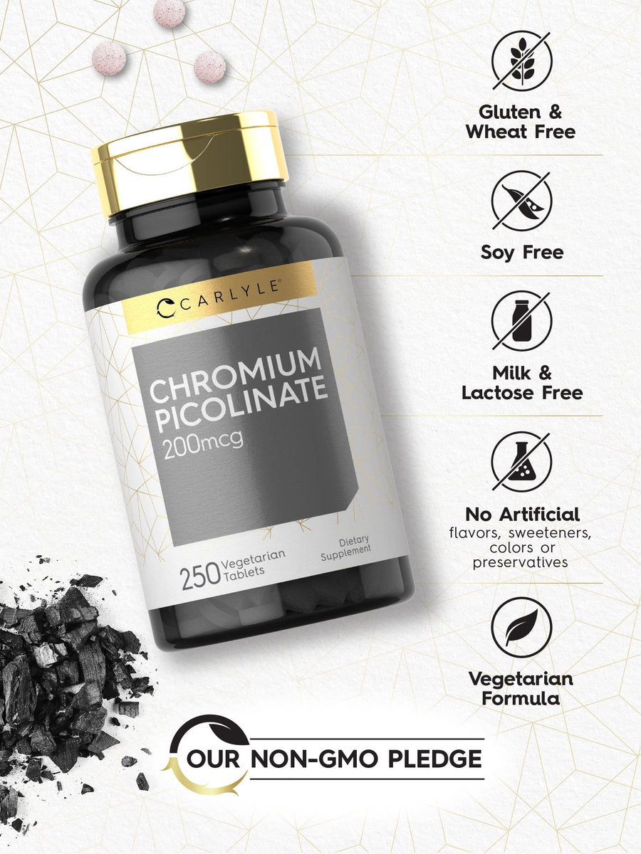 Carlyle Chrompicolinat 200 mcg | 250 vegane Tabletten | Hohe Absorption | Nahrungsergänzungsmittel, Nicht-GVO, Glutenfrei