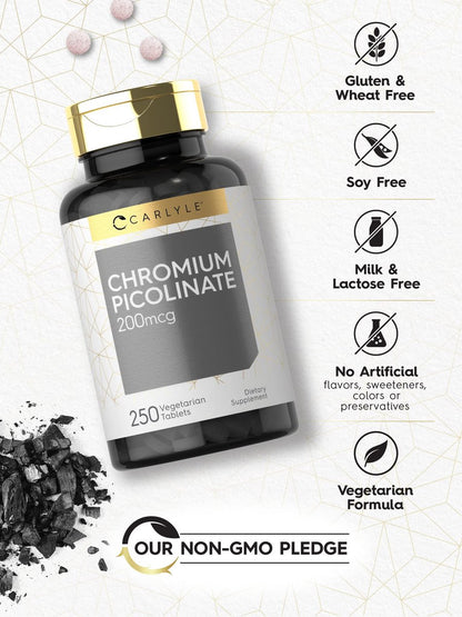 Carlyle Chrompicolinat 200 mcg | 250 vegane Tabletten | Hohe Absorption | Nahrungsergänzungsmittel, Nicht-GVO, Glutenfrei