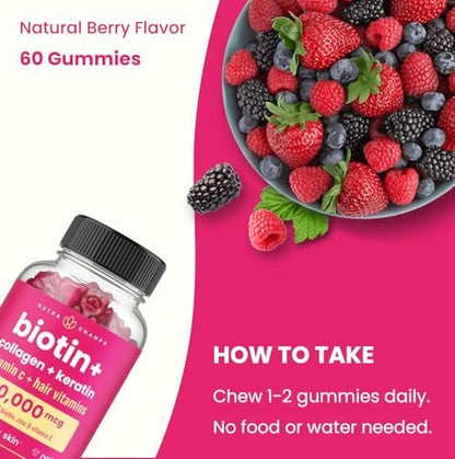 NutraChamps Biotin Gummies 5000mcg mit Kollagen, Keratin & mehr – Haar-, Haut- und Nagelvitamine für Frauen & Männer – Unterstützt den normalen Haarwachstumszyklus – Angereichert mit Vitamin C, D3, Zink