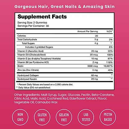 NutraChamps Biotin Gummies 5000mcg mit Kollagen, Keratin & mehr – Haar-, Haut- und Nagelvitamine für Frauen & Männer – Unterstützt den normalen Haarwachstumszyklus – Angereichert mit Vitamin C, D3, Zink