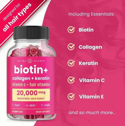 NutraChamps Biotin Gummies 5000mcg mit Kollagen, Keratin & mehr – Haar-, Haut- und Nagelvitamine für Frauen & Männer – Unterstützt den normalen Haarwachstumszyklus – Angereichert mit Vitamin C, D3, Zink