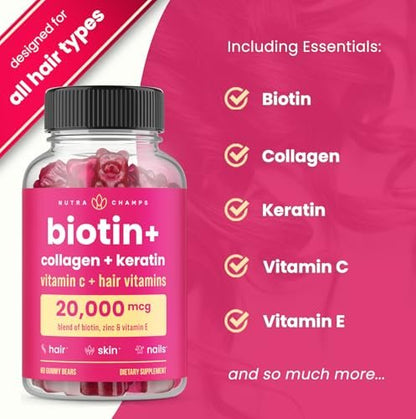 NutraChamps Biotin Gummies 5000mcg mit Kollagen, Keratin & mehr – Haar-, Haut- und Nagelvitamine für Frauen & Männer – Unterstützt den normalen Haarwachstumszyklus – Angereichert mit Vitamin C, D3, Zink