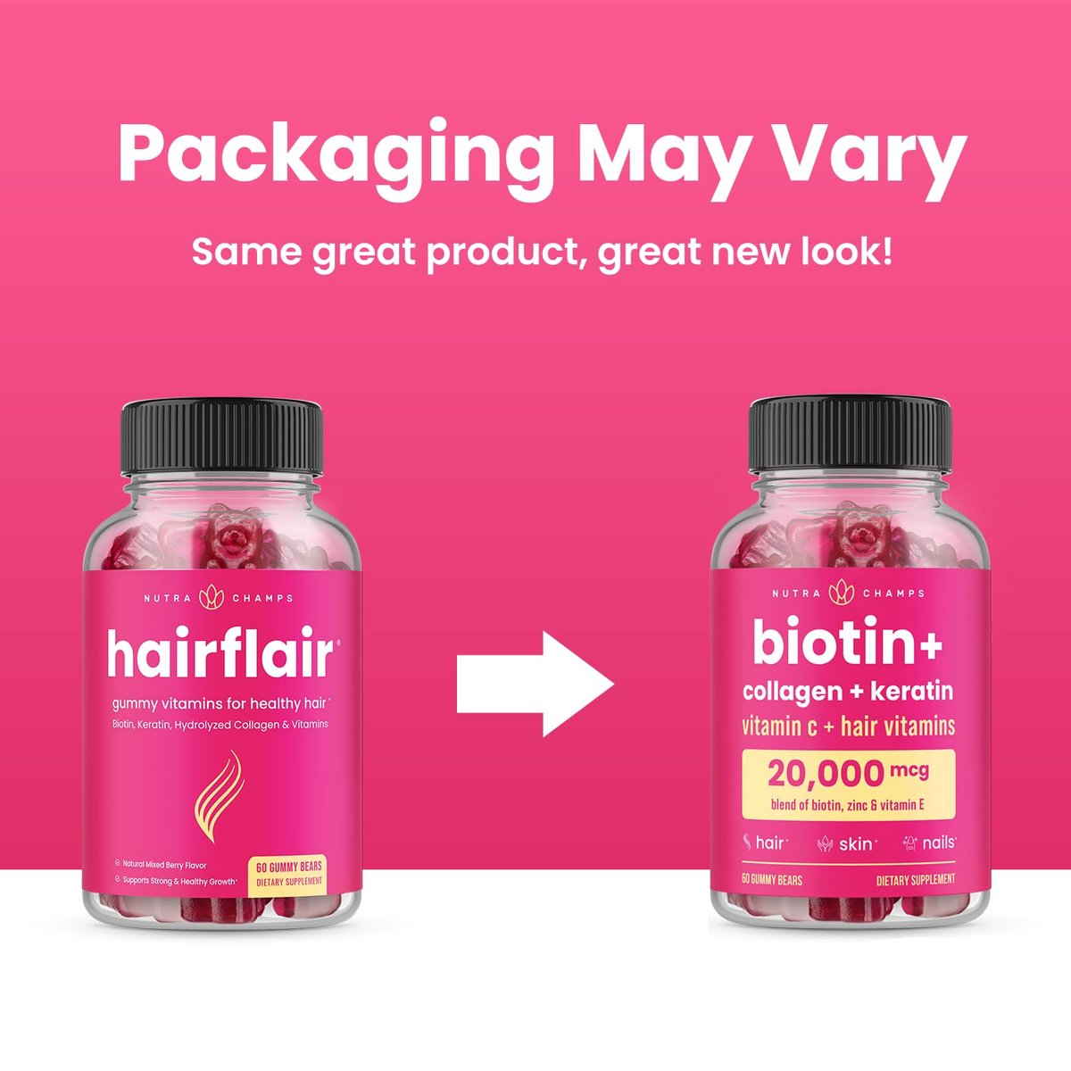 NutraChamps Biotin Gummies 5000mcg mit Kollagen, Keratin & mehr – Haar-, Haut- und Nagelvitamine für Frauen & Männer – Unterstützt den normalen Haarwachstumszyklus – Angereichert mit Vitamin C, D3, Zink