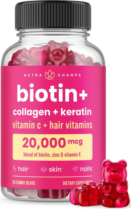 NutraChamps Biotin Gummies 5000mcg mit Kollagen, Keratin & mehr – Haar-, Haut- und Nagelvitamine für Frauen & Männer – Unterstützt den normalen Haarwachstumszyklus – Angereichert mit Vitamin C, D3, Zink