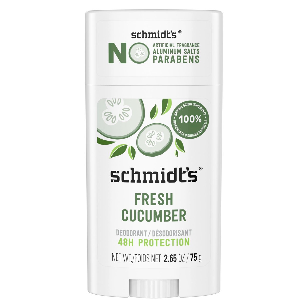 Schmidt's Aluminiumfreies veganes Deodorant Frische Gurke für Frauen und Männer, 24-Stunden-Geruchsschutz, natürliche Inhaltsstoffe, tierversuchsfrei, 75 g