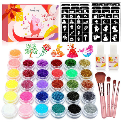Temporäre Glitzer-Tattoos für Kinder, Eleanore's Diary 31 Glitzerfarben, 165 einzigartige Schablonen, 2 Kleber, 4 Pinsel, Glitzer-Make-up-Set für Erwachsene & Kinder, Geschenk für Mädchen und Jungen zum Geburtstag, Sommerfest