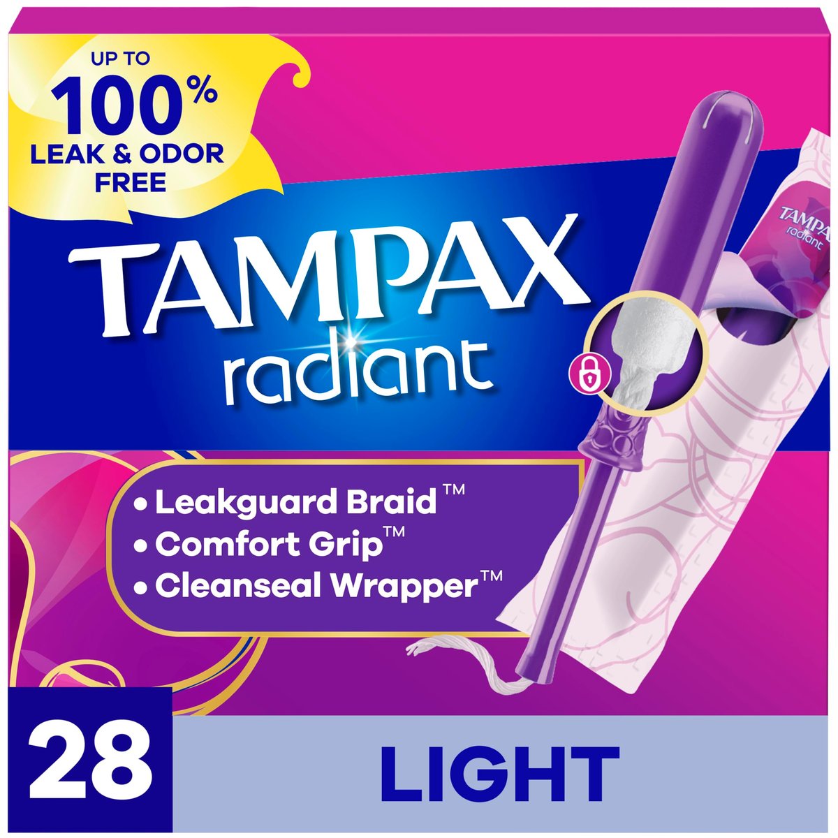 Tampax Radiant Tampons Light Absorbency – BPA-freier Kunststoff-Applikator mit LeakGuard-Braid, 28 Stück, geruchlos