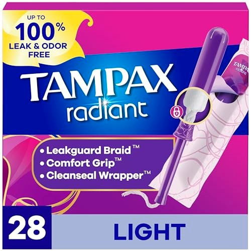 Tampax Radiant Tampons Light Absorbency – BPA-freier Kunststoff-Applikator mit LeakGuard-Braid, 28 Stück, geruchlos