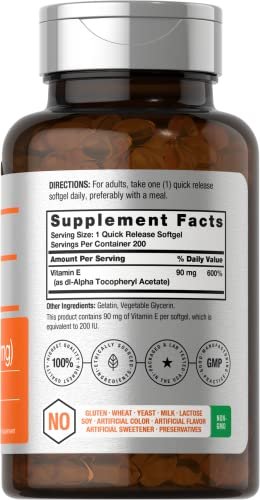Horbäach Vitamin E Weichkapseln 200 IE | 90 mg Supplement | 200 Stück | Nicht-GVO & glutenfrei
