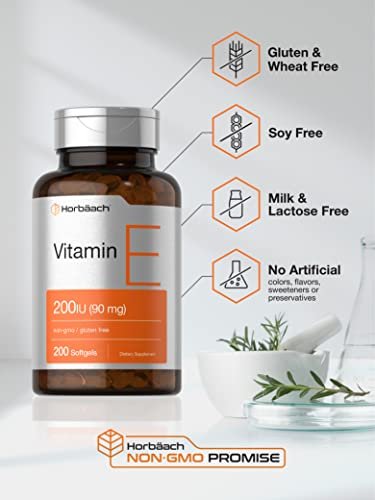 Horbäach Vitamin E Weichkapseln 200 IE | 90 mg Supplement | 200 Stück | Nicht-GVO & glutenfrei