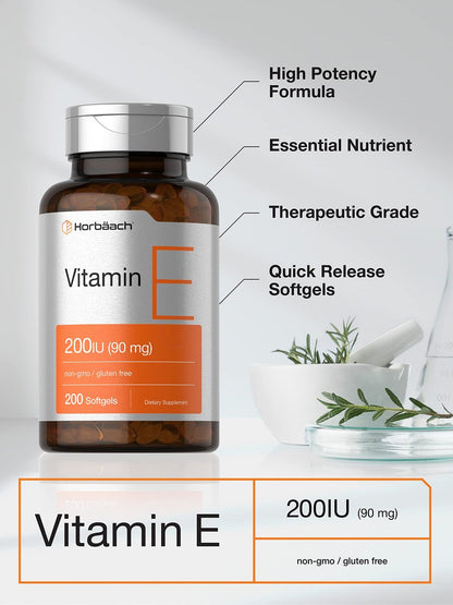 Horbäach Vitamin E Weichkapseln 200 IE | 90 mg Supplement | 200 Stück | Nicht-GVO & glutenfrei