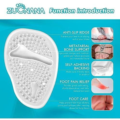 ZUCNANA Ballenpolster (2 Paar Gel-Einlegesohlen), Fersenpolster für Frauen, rutschfeste Fersenpads, Fersenkissen zur Schmerzlinderung und für Komfort, Einheitsgröße (Transparent)