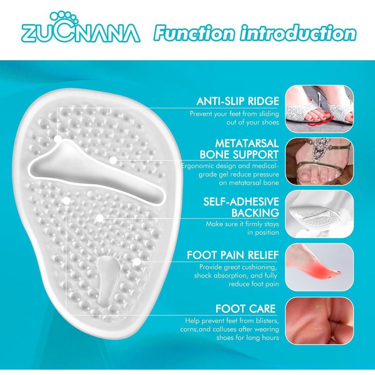 ZUCNANA Ballenpolster (2 Paar Gel-Einlegesohlen), Fersenpolster für Frauen, rutschfeste Fersenpads, Fersenkissen zur Schmerzlinderung und für Komfort, Einheitsgröße (Transparent)