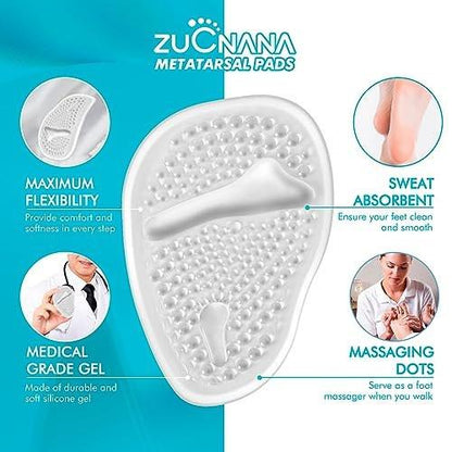 ZUCNANA Ballenpolster (2 Paar Gel-Einlegesohlen), Fersenpolster für Frauen, rutschfeste Fersenpads, Fersenkissen zur Schmerzlinderung und für Komfort, Einheitsgröße (Transparent)