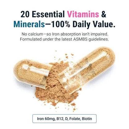 BariatricPal Multivitamin ONE – Tägliches Bariatrisches Multivitamin mit 60 mg Eisen, 30 Kapseln (1 Monatsvorrat)