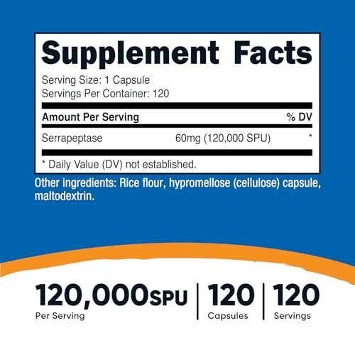 Nutricost Serrapeptase 120.000 SPU, 120 Kapseln – Glutenfrei, Nicht-GMO, Vegetarierfreundlich