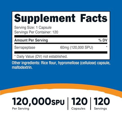 Nutricost Serrapeptase 120.000 SPU, 120 Kapseln – Glutenfrei, Nicht-GMO, Vegetarierfreundlich