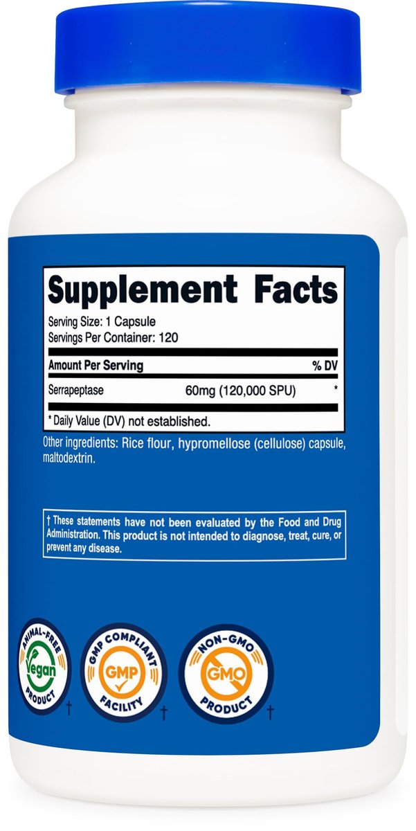 Nutricost Serrapeptase 120.000 SPU, 120 Kapseln – Glutenfrei, Nicht-GMO, Vegetarierfreundlich