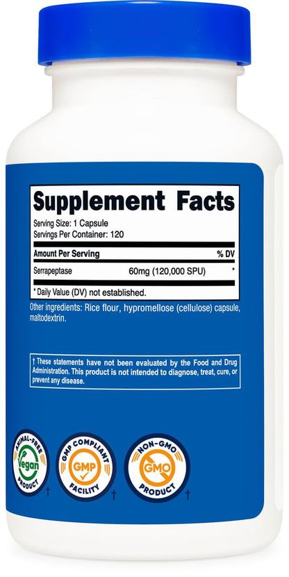 Nutricost Serrapeptase 120.000 SPU, 120 Kapseln – Glutenfrei, Nicht-GMO, Vegetarierfreundlich