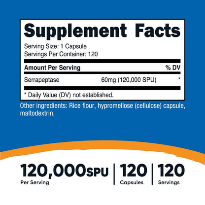 Nutricost Serrapeptase 120.000 SPU, 120 Kapseln – Glutenfrei, Nicht-GMO, Vegetarierfreundlich